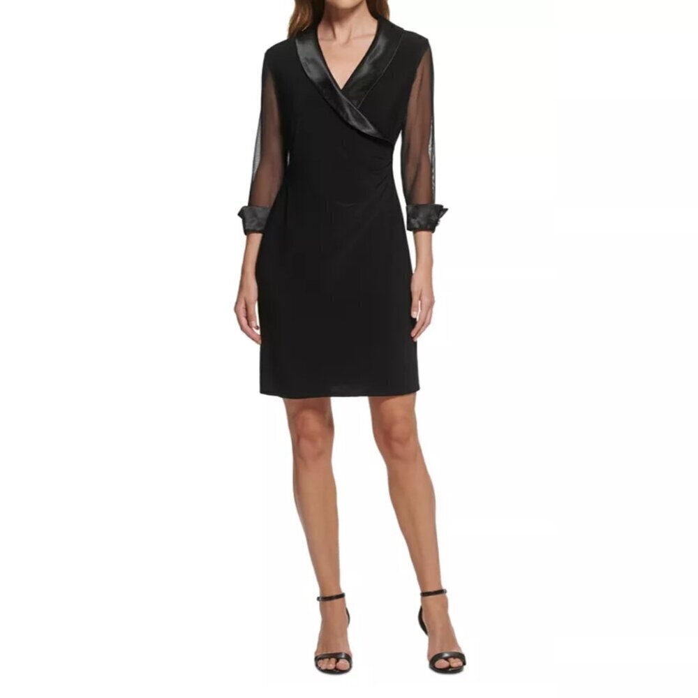 Jessica Howard Illusion-Sleeve Faux-Wrap Dress